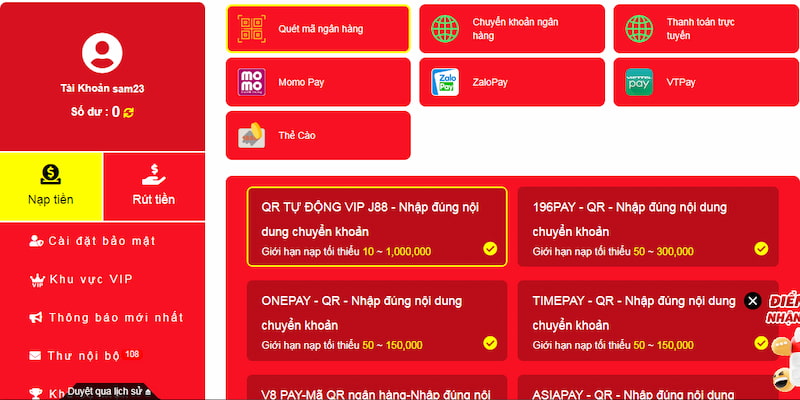 Nạp tiền trên nhà cái để tham gia game